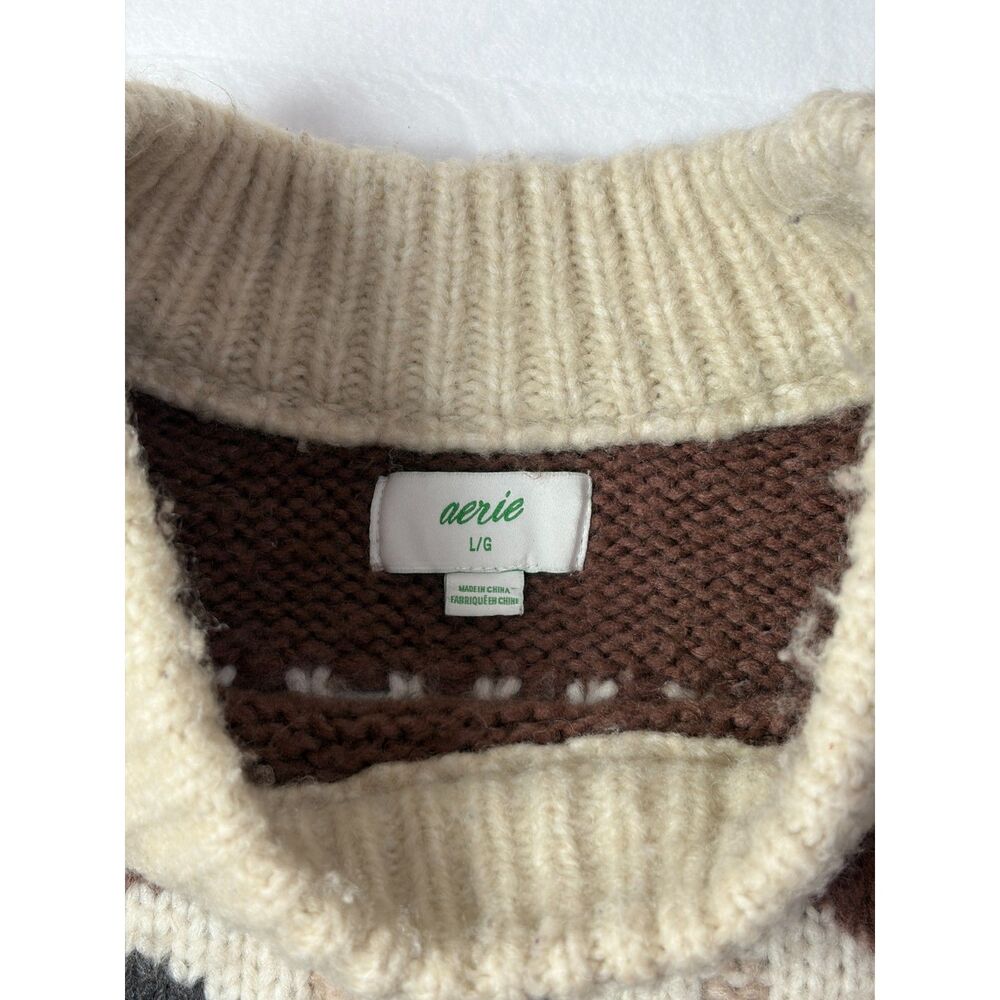 Aerie Fair Isle Wool Blend Chunky Knit Oversized Sweater Brown Cream Large - Picture 2 of 6